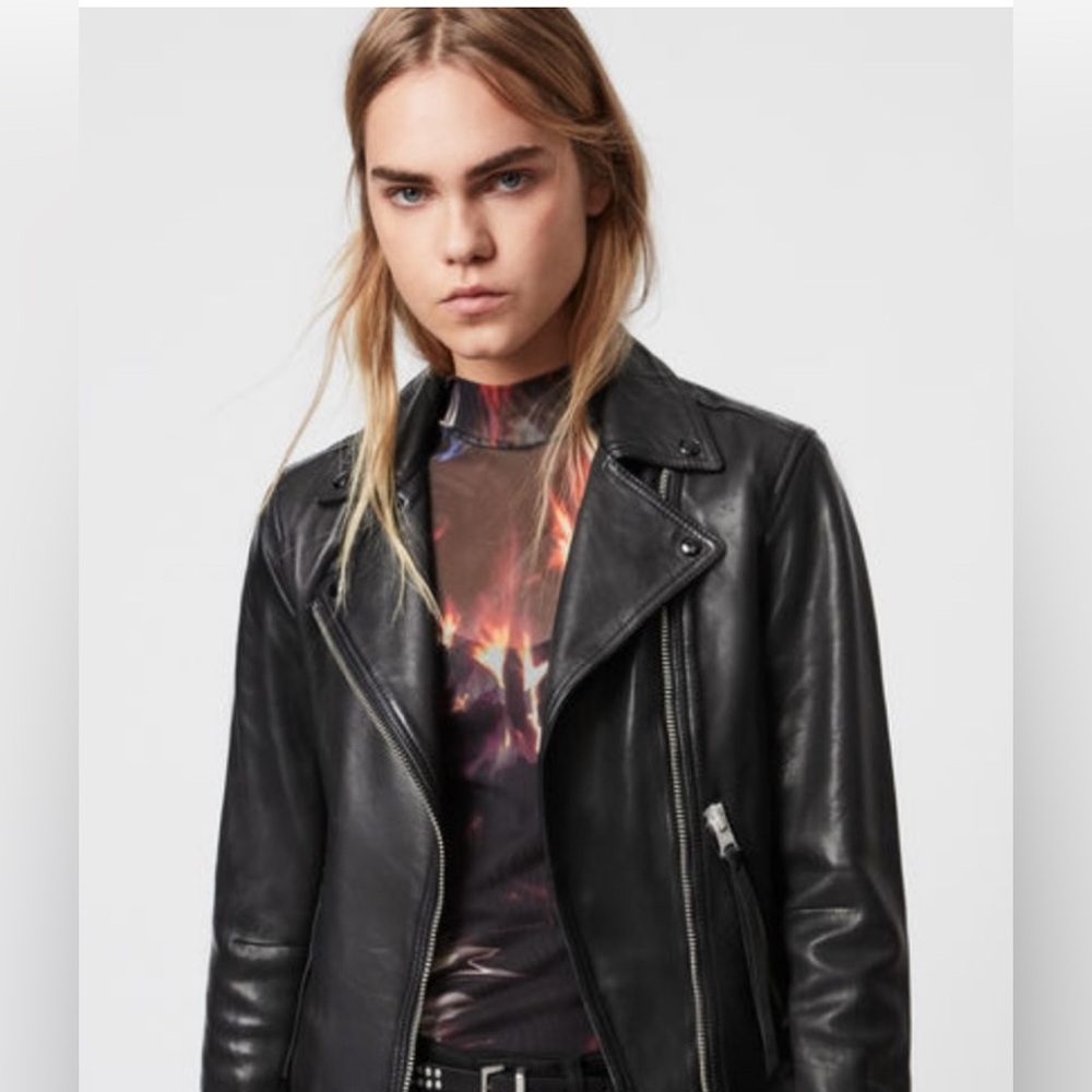 All Saints DALBY SLIM FIT LEATHER BIKER JACKET US2 - Picture 2 of 8